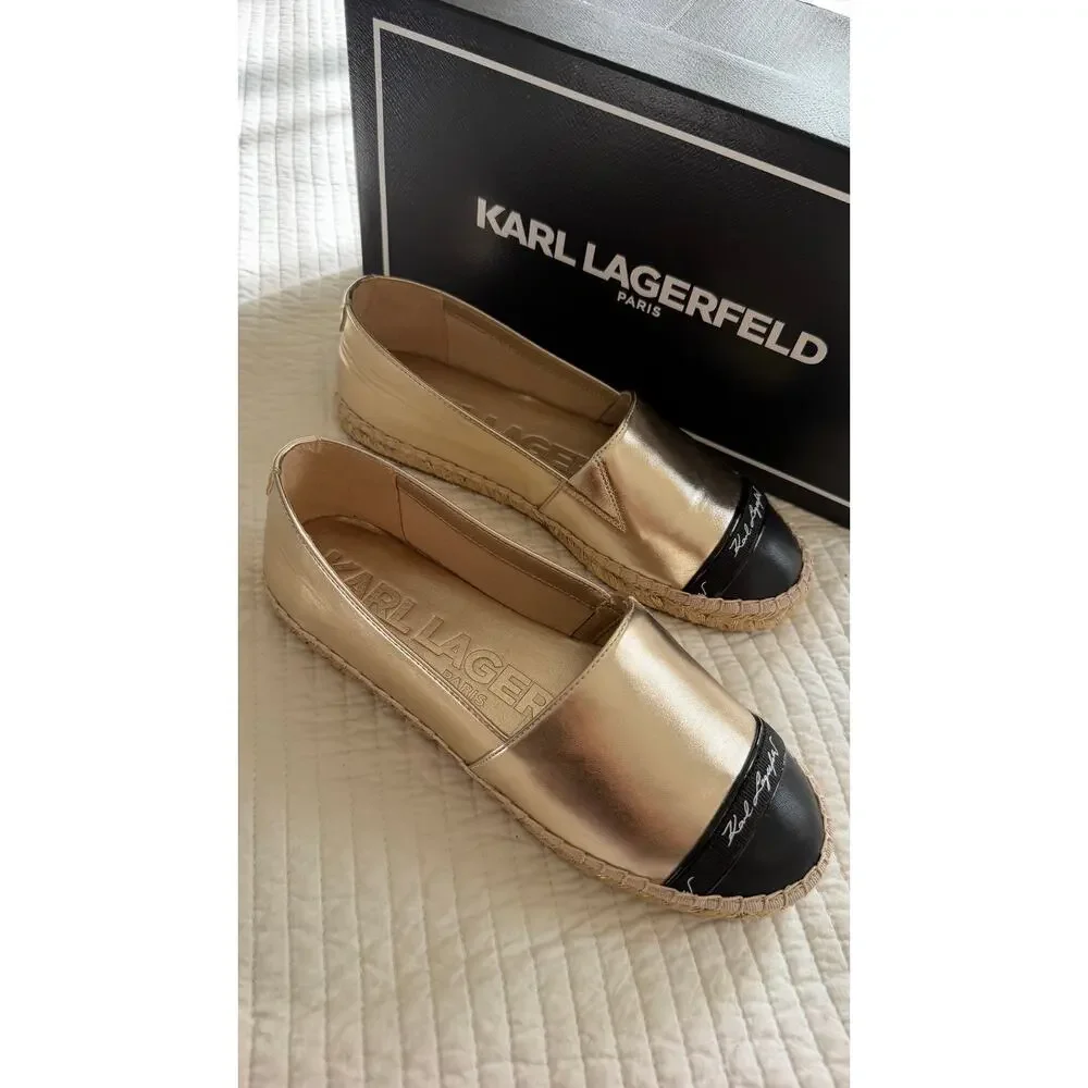 Karl Lagerfeld Paris Gold Metallic Espadrille Flats Size 6 New in Box. $109
